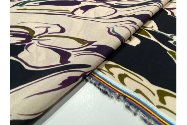 VISCOSE PRINT ON A BLACK BACKGROUND WITH ABSTRACT BEIGE, PURPLE AND OLIVE GREEN MOTIFS   M-01672