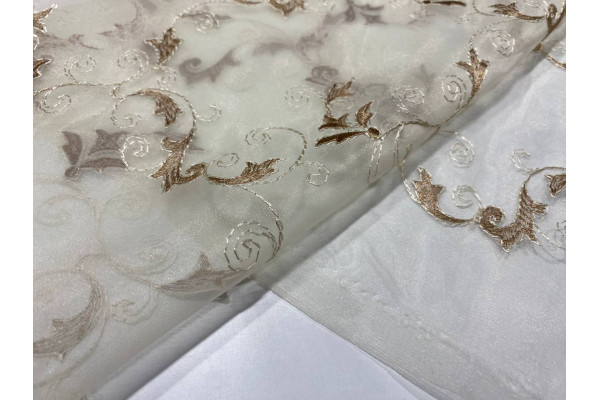 BEIGE-WHITE EMBROIDERED POLYESTER VEIL   AR-035