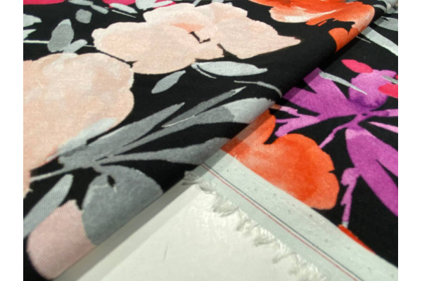 VISCOSE PRINTED ON A BLACK BACKGROUND, ORANGE, PINK AND PURPLE FLORAL PATTERN   M-01675